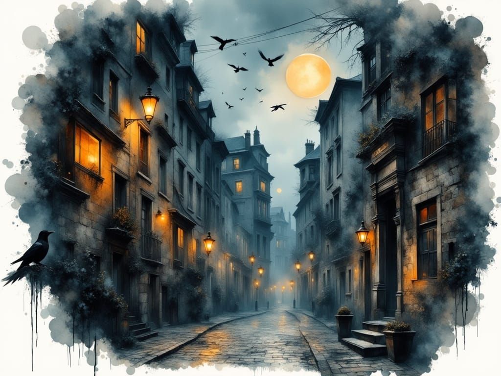 Crow in Cobblestone Street: Moody Digital Painting