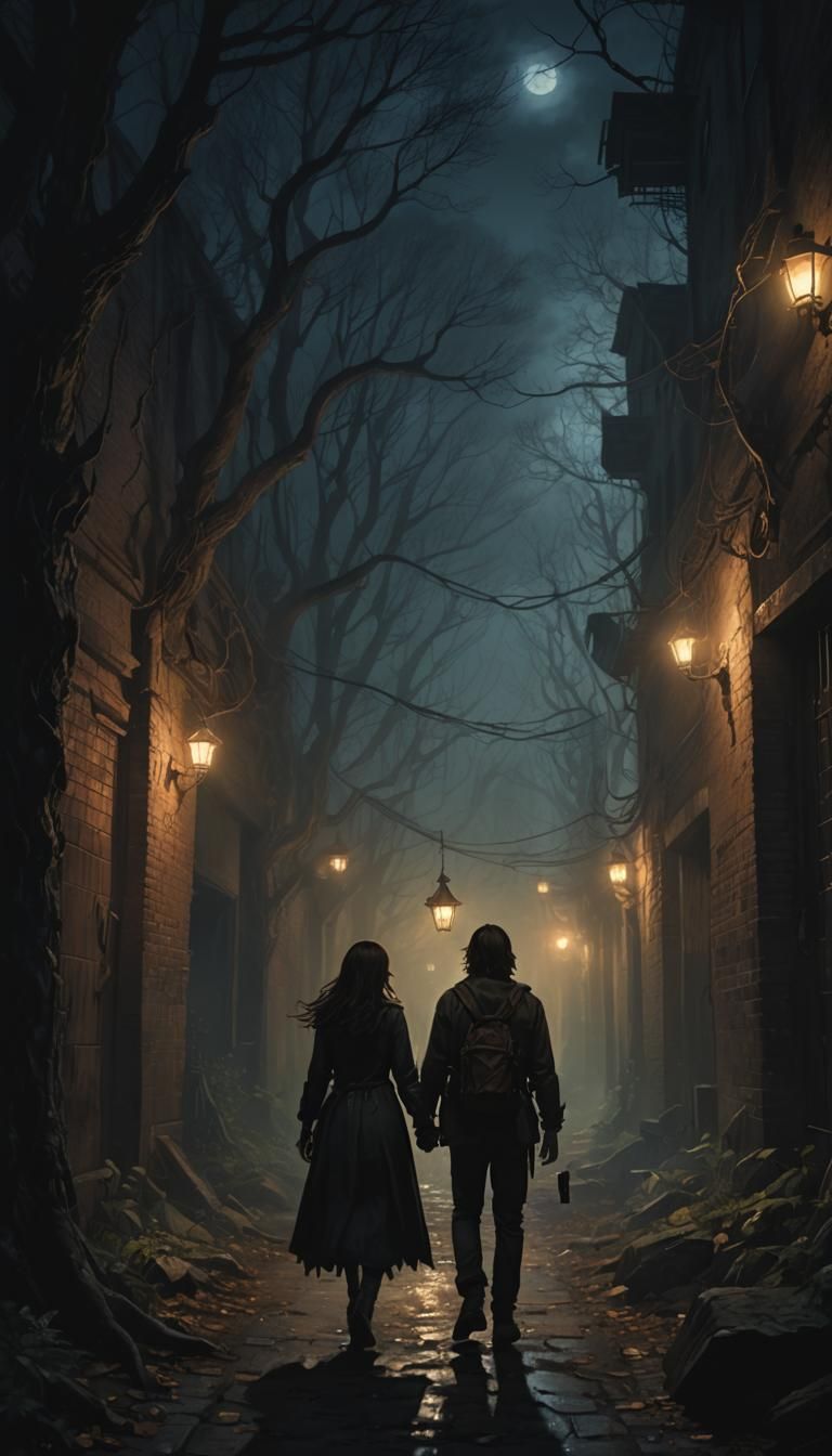 Dark Fantasy Couple Walks Hand in Hand Through a Haunted All...