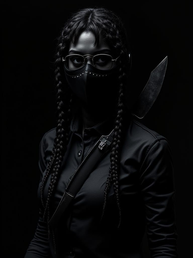 Bank Robbery by Masked Woman with Gun and Knives