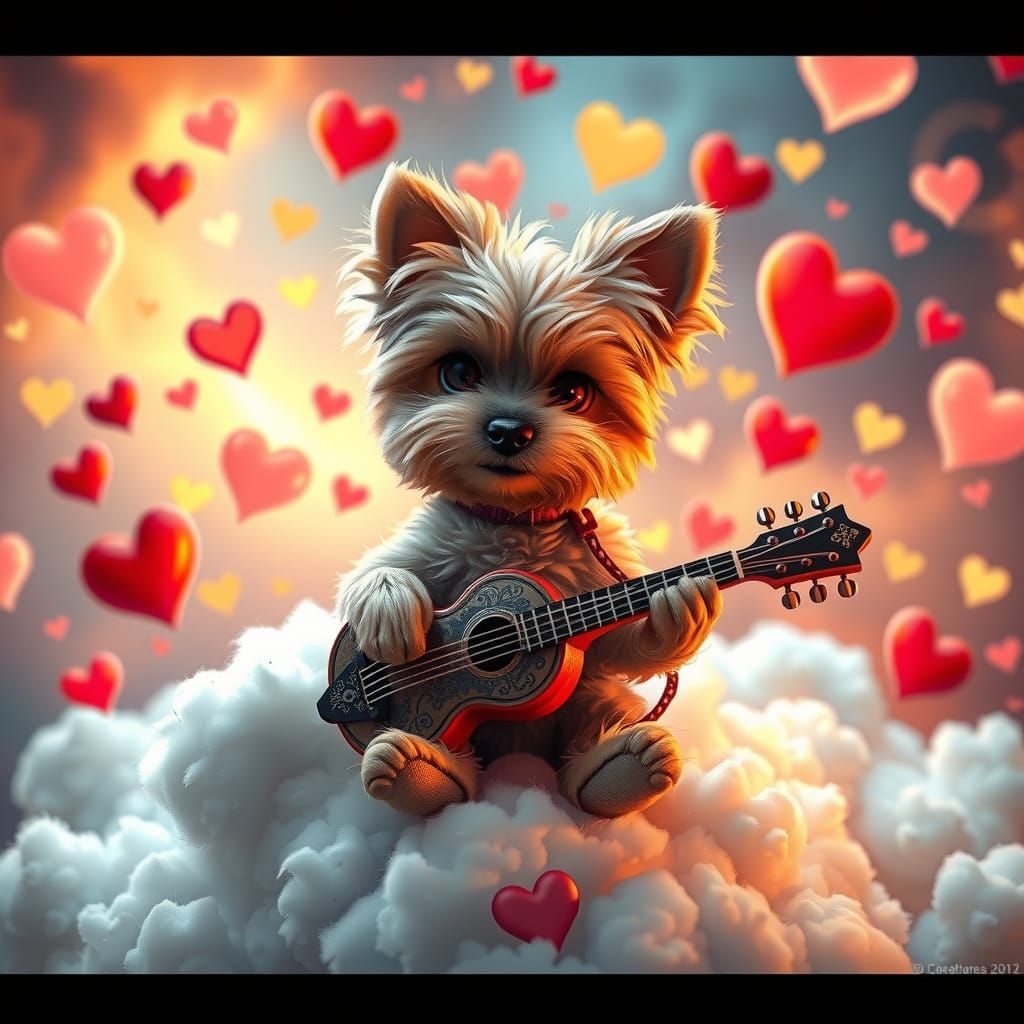 Toy Yorkshire Terrier Plays Guitar Amidst Whimsical Clouds a...