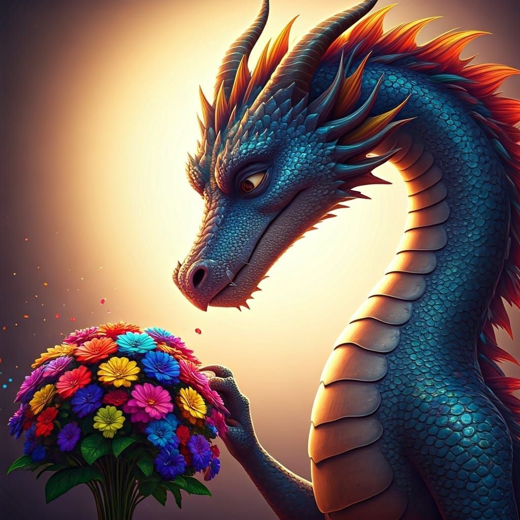 Dragon Amidst Rainbow Flowers in Vibrant 3D Digital Art