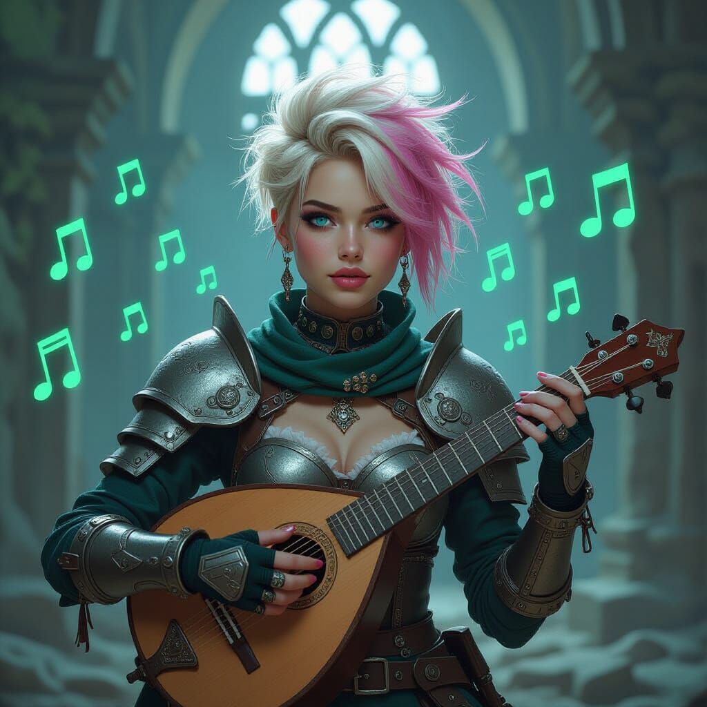 Medieval Punk Woman Plays Lute With Glowing Notes