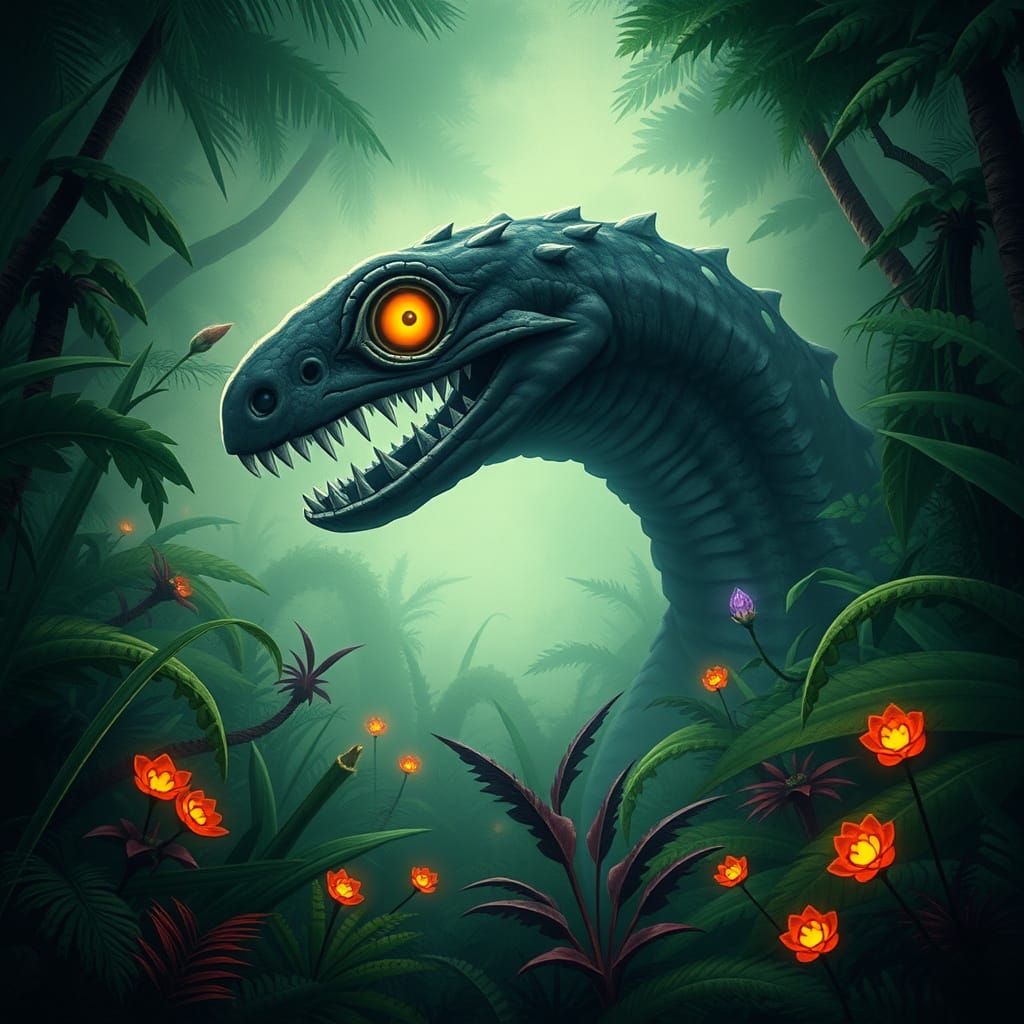 One-Eyed Megalodon Emerges from Jungle in Fantastical Style