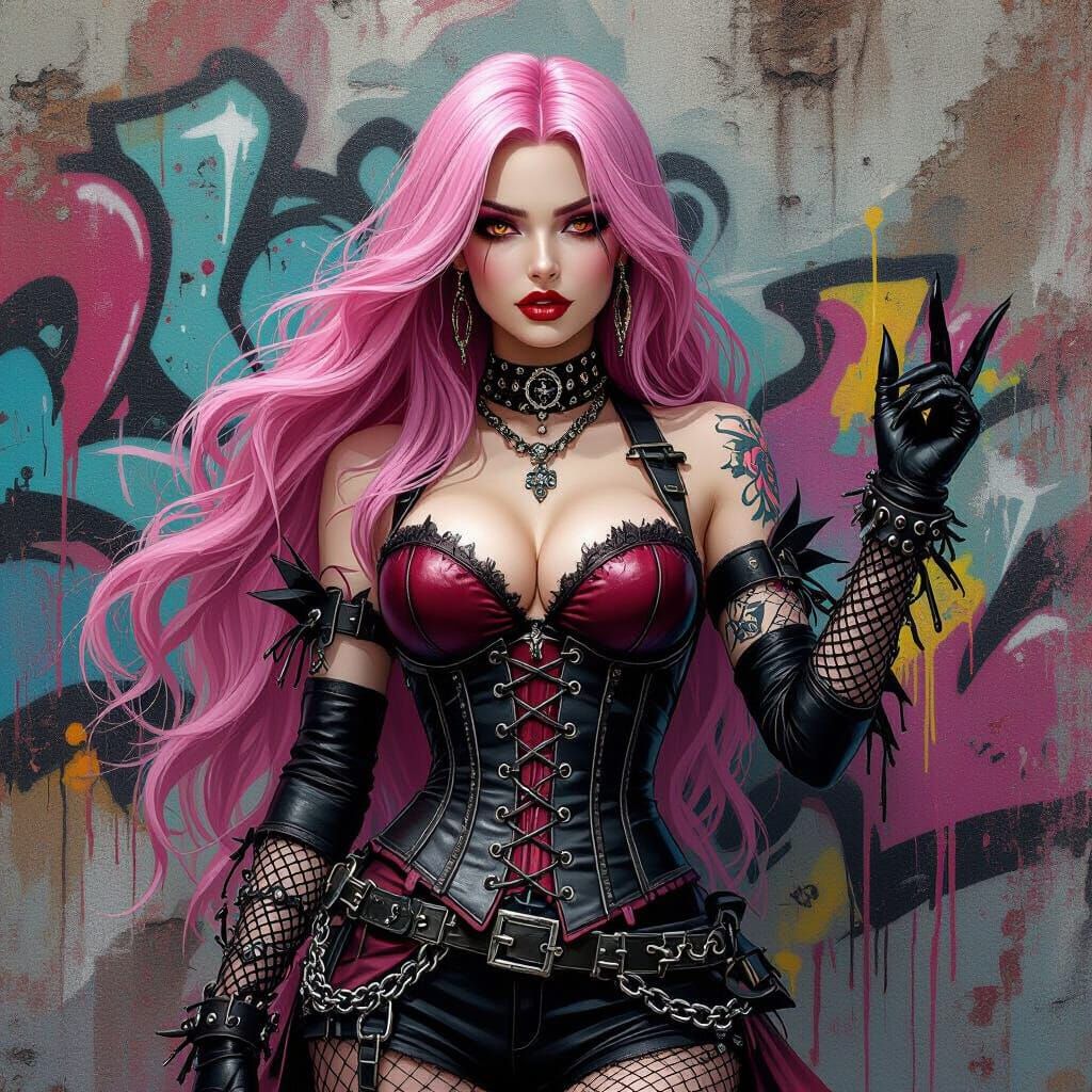 Gothic Vampire Woman in Front of Graffiti Art