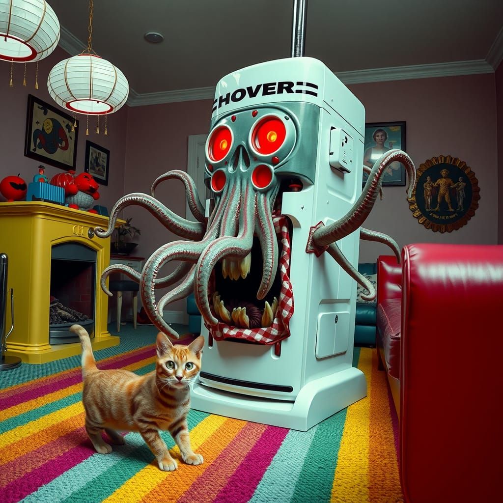 Surreal Pop Art Vacuum Chasing Cat in 70s Living Room