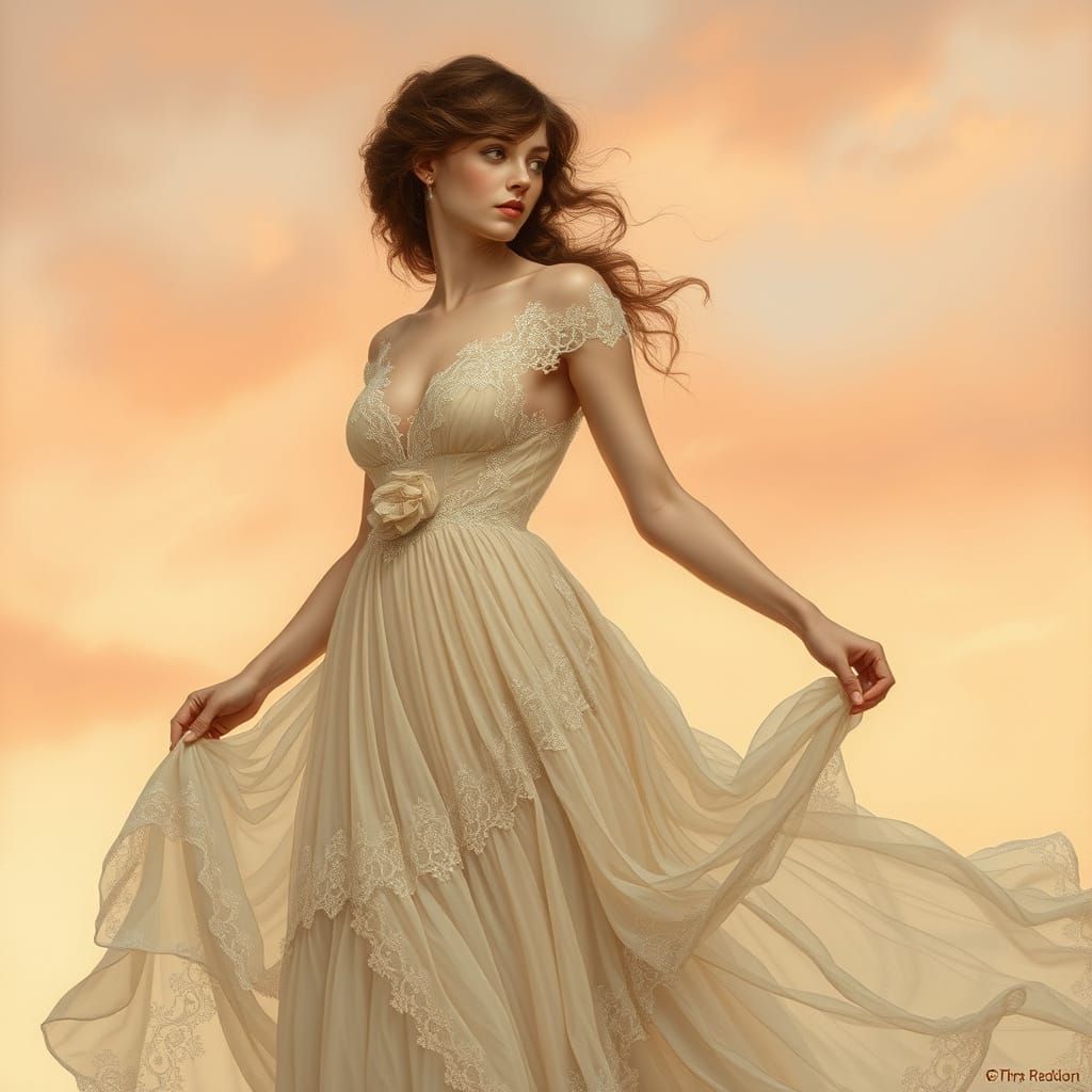 Ethereal Lady in Flowing Gown Against Golden Sunset