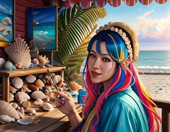 Surreal Beachside Portrait of a Shell Seller in Hyper-Realis...