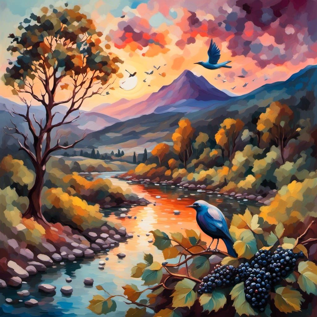 Surreal Epic River Landscape in Gouache Impressionist Style