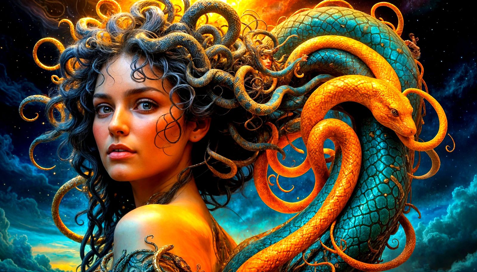Cosmic Medusa with Fractal Dreamscape in Iridescent Sky
