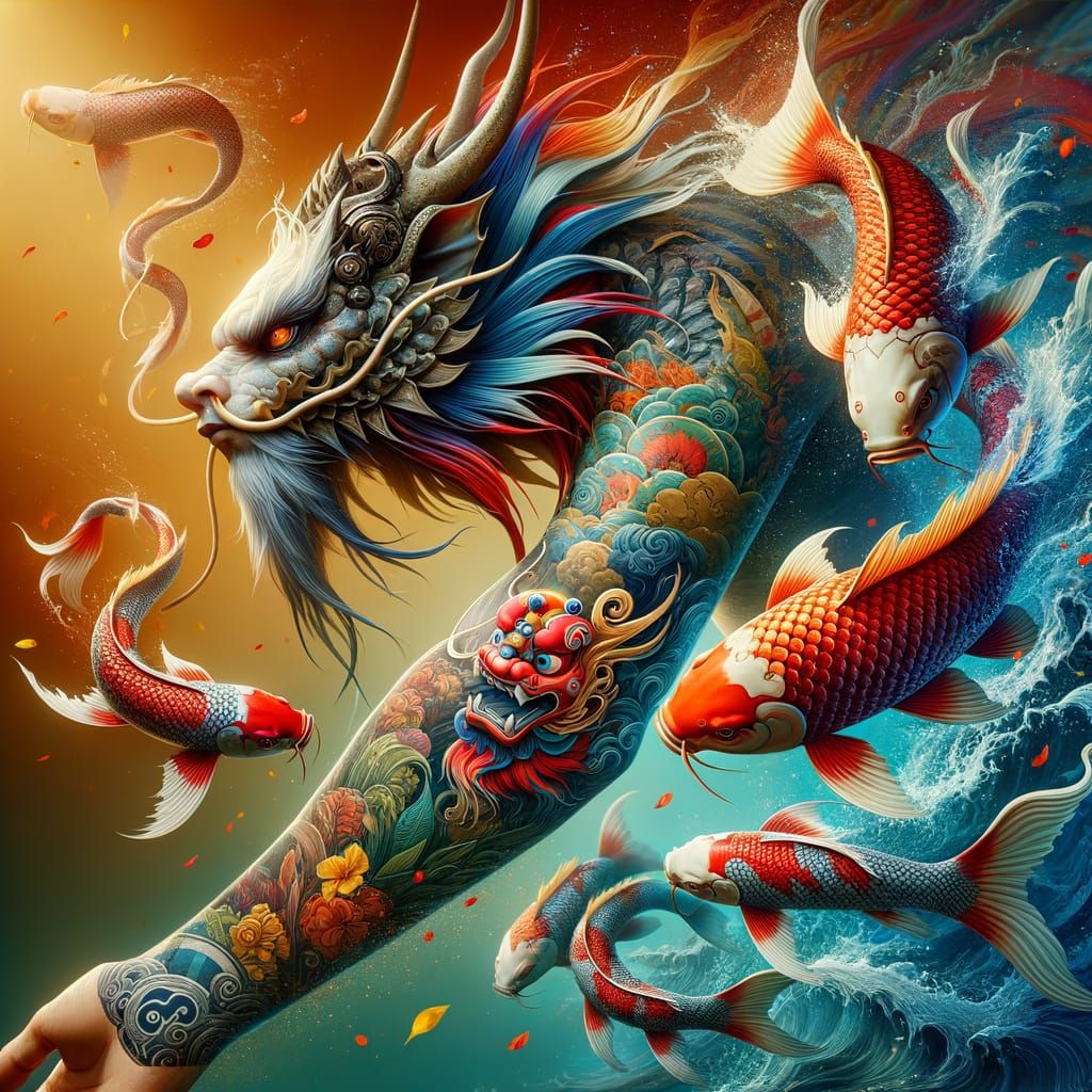 Dragon Koi Fish with Foo Dog Tattoo Sleeve