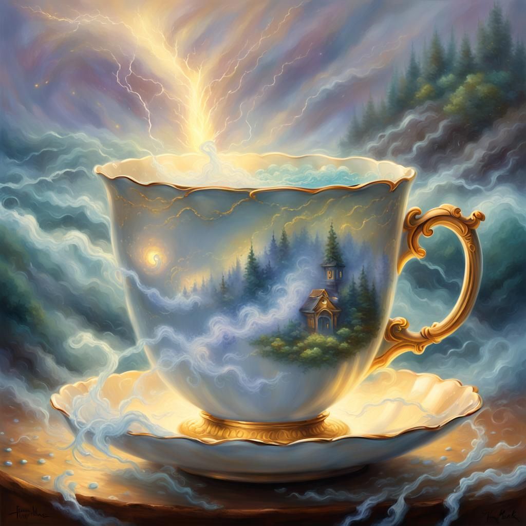 Whimsical Teacup Scene in Warm Golden Light