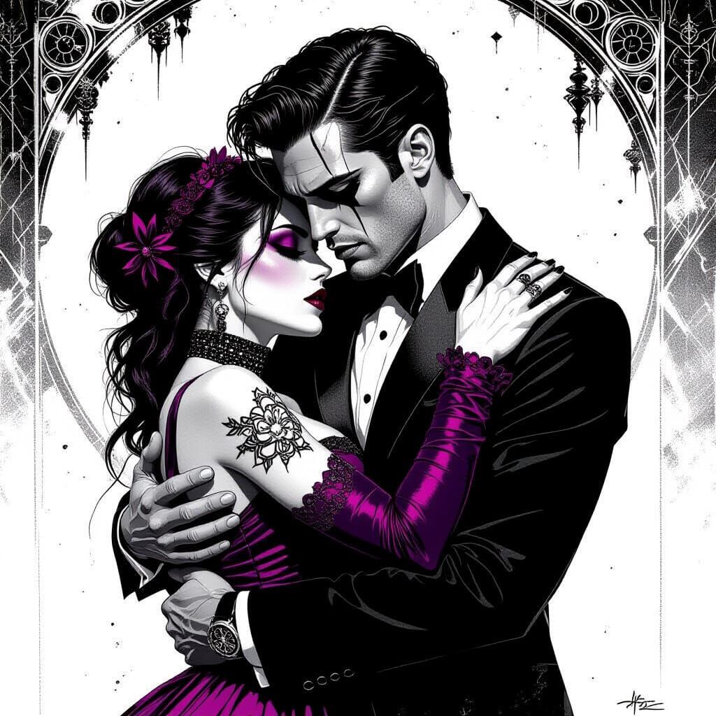 Gothic Punk Portrait in Charcoal with Art Deco Elements