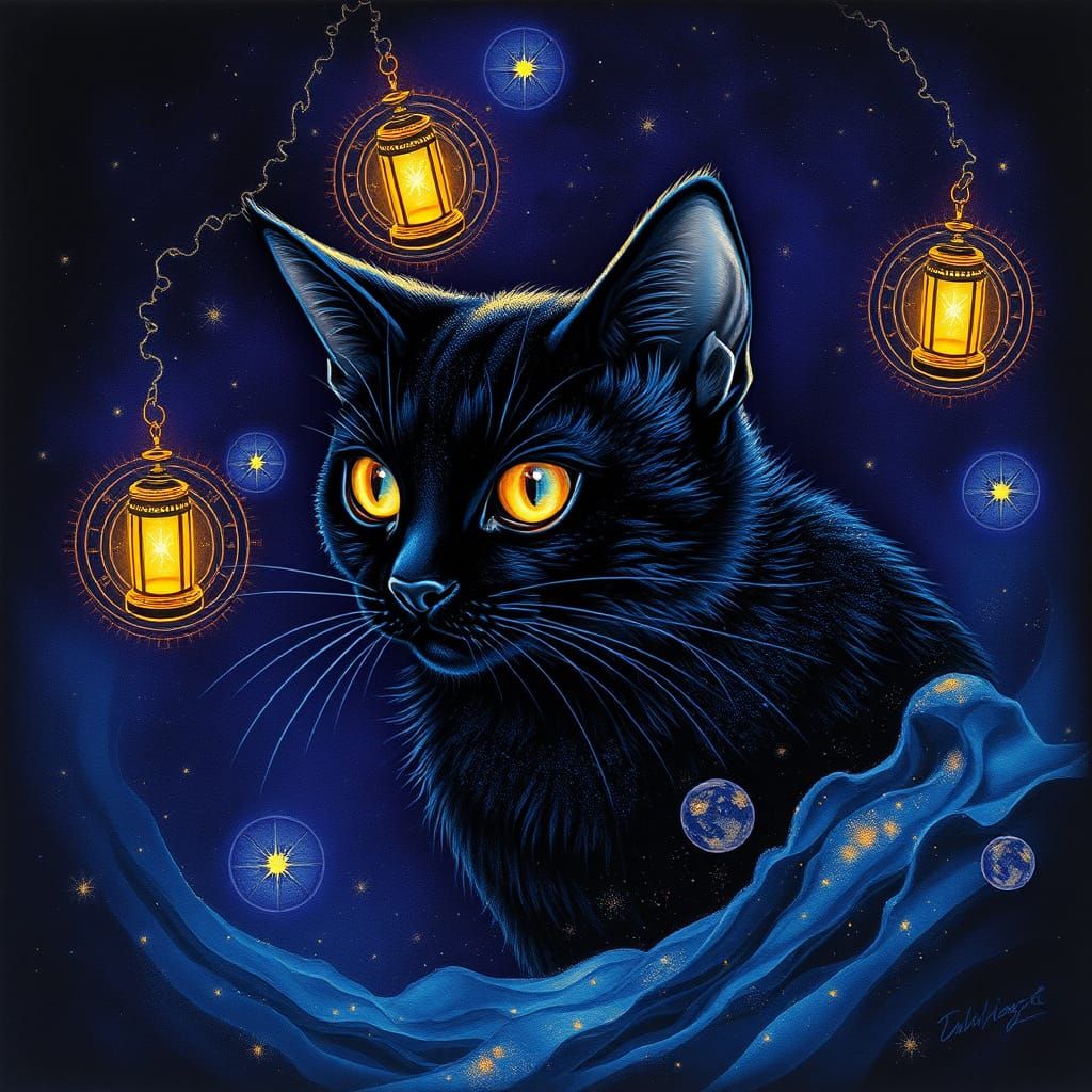 Mystical Black Cat in Cosmic Dance