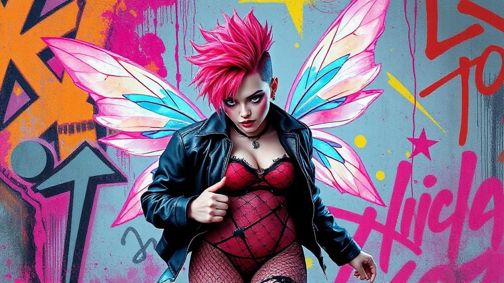 Punk Rock Fairy with Neon Mohawk, Digital Art