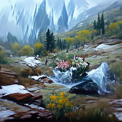 Blossoming Alpine Oasis Amidst Majestic Winter Peaks