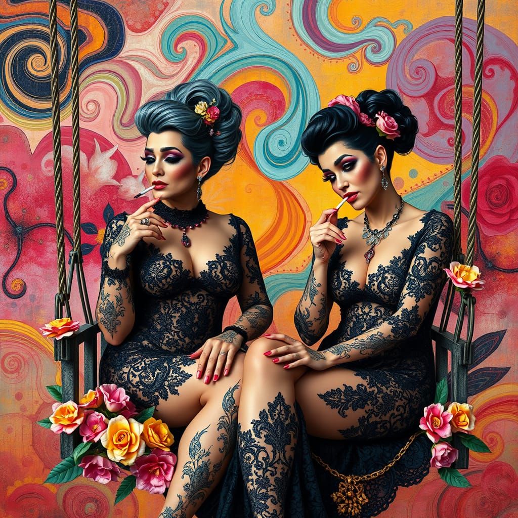 Stunning Women in Black Lace, Tattoos, and Whimsical Backgro...
