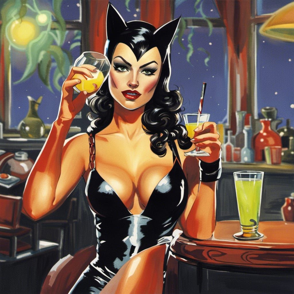 Feline Siren Sipping Martini