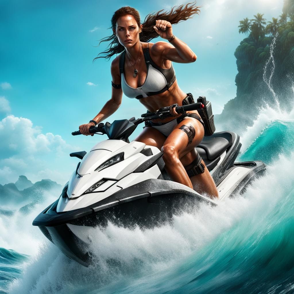 Sultry Lara Croft Riding Jetski over Turbulent Waters in Dig...