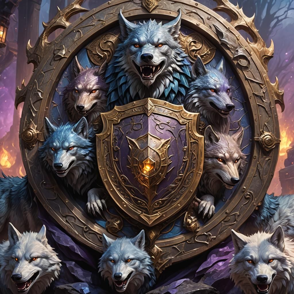 Majestic Grey Wolves Hold Ancient Dragon Treasure Shield