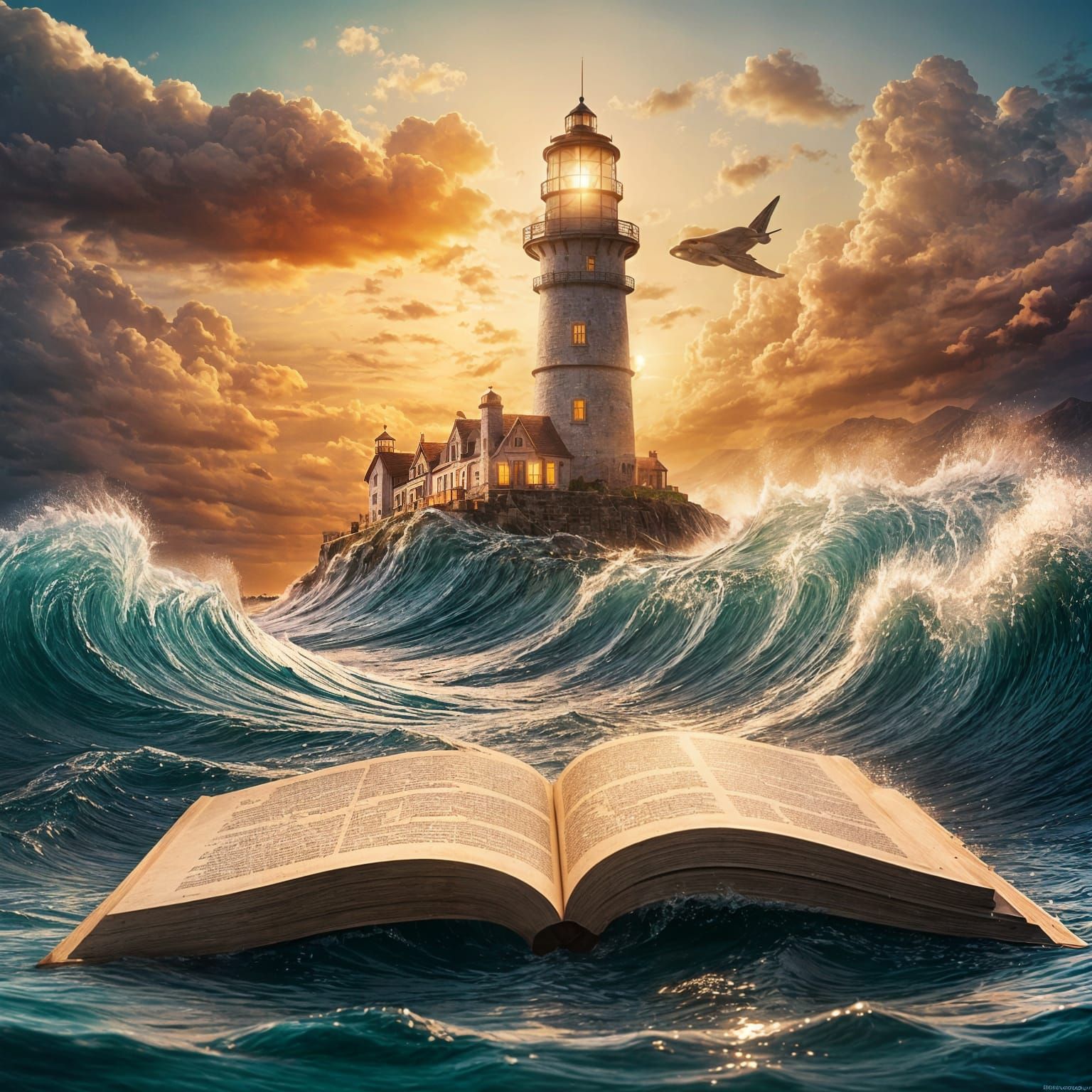 Island Lighthouse on Book Waves: Hyperrealistic Concept Art
