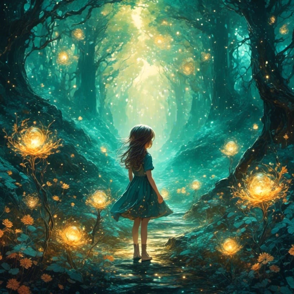 girl wandering in a magic forest
