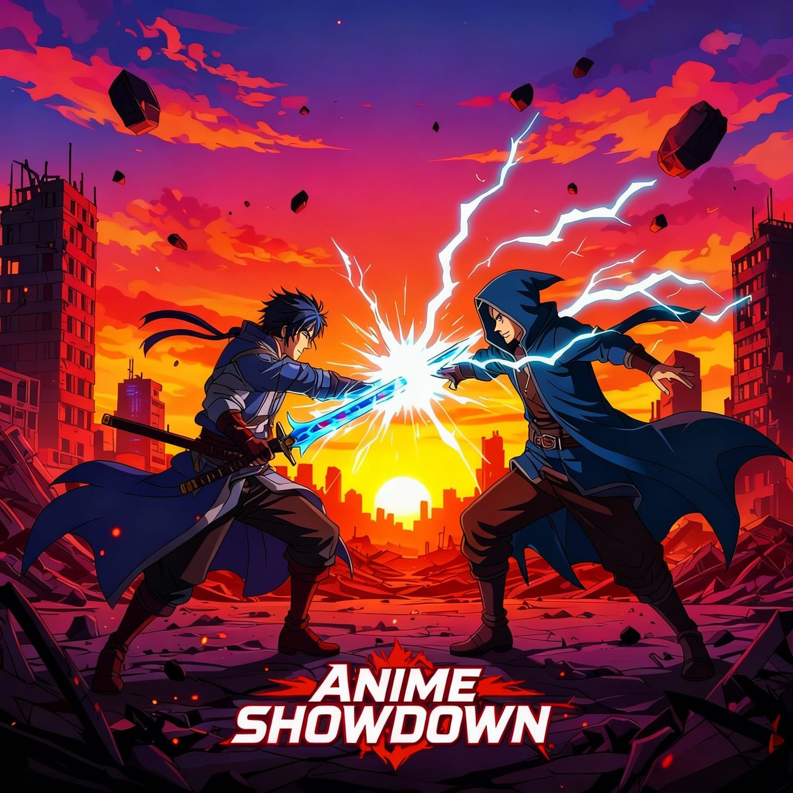 Anime Battle: Swordsman vs Mage in Ruined City
