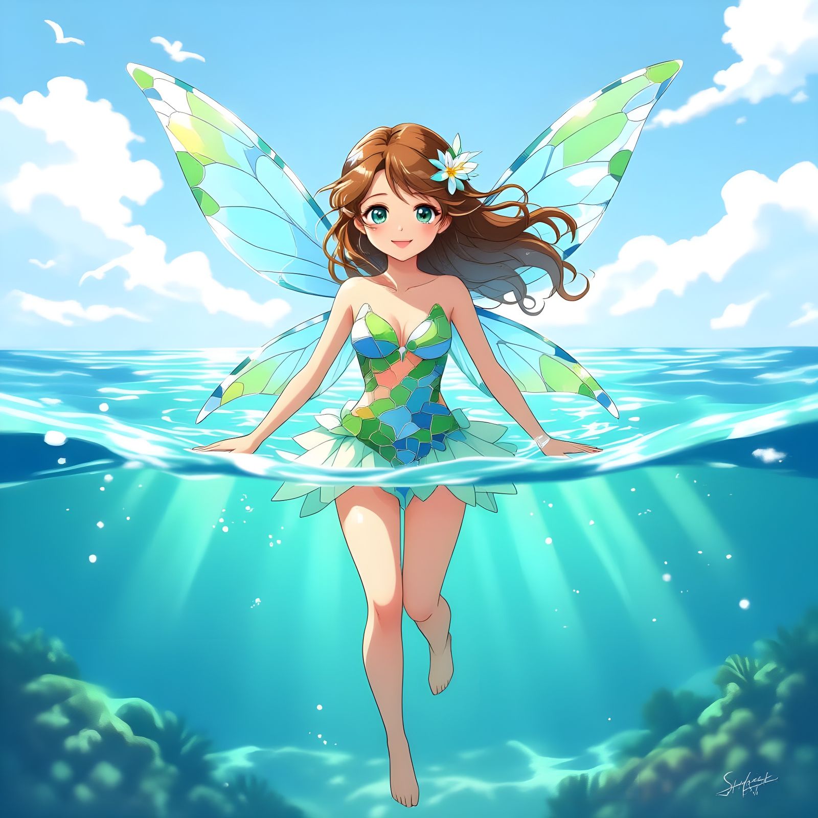 Sea Glass Fairy Flies Over Ocean in Anime Style