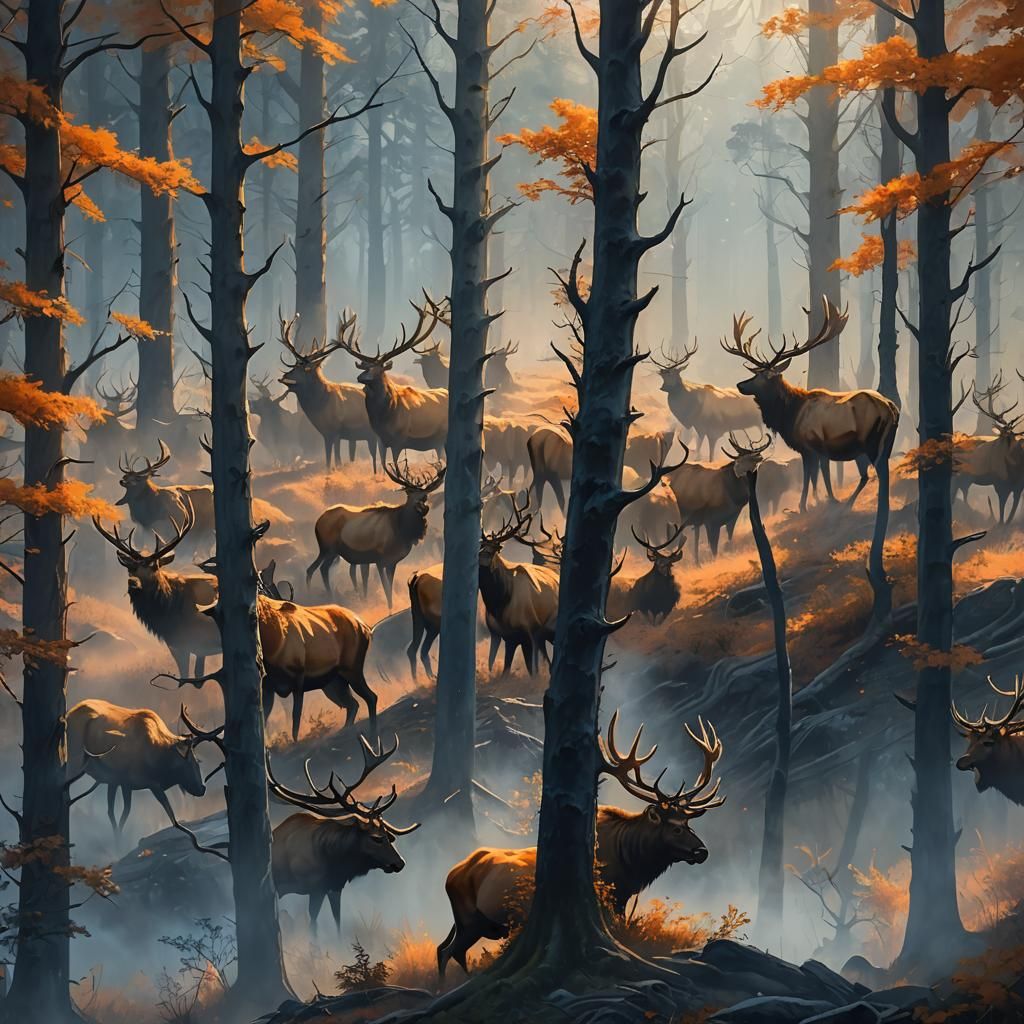Elk Herd Roams Through Vibrant, Dreamy Forest Landscape