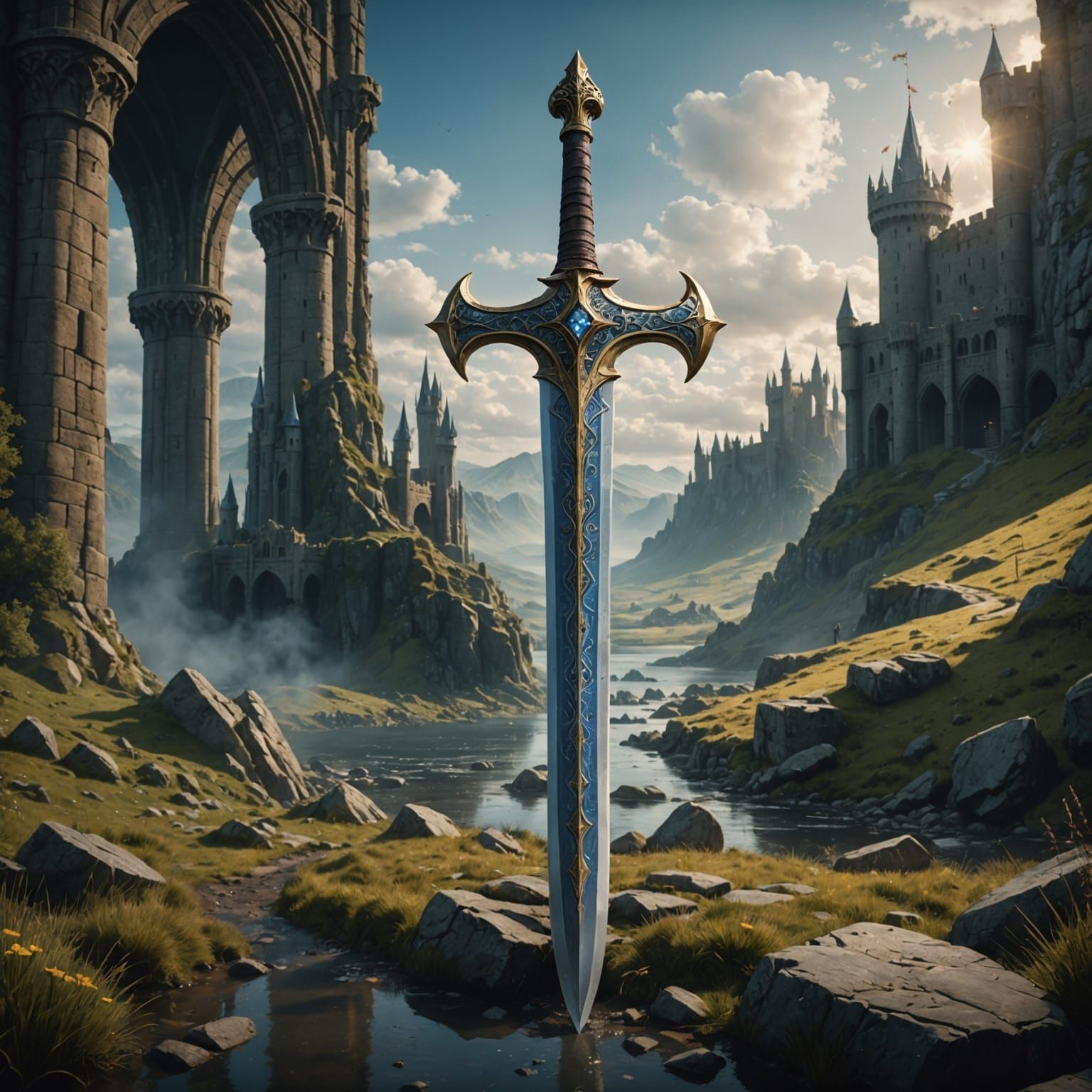 King Arthur's mythical Excalibur sword detailed matte painting, deep color, fantastical, intricate detail, splash screen...