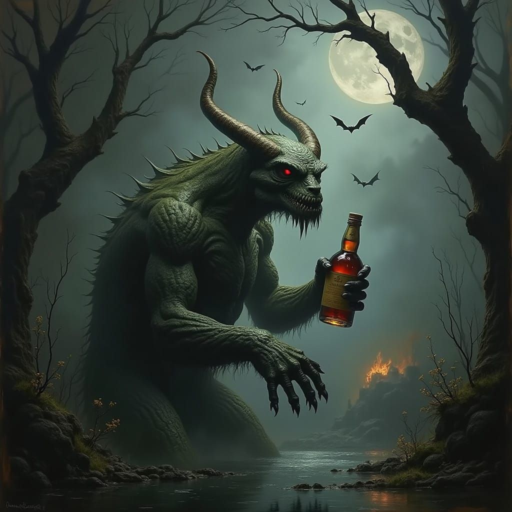 Renaissance Monster in Scotland's Highlands Amidst Fiery Bla...