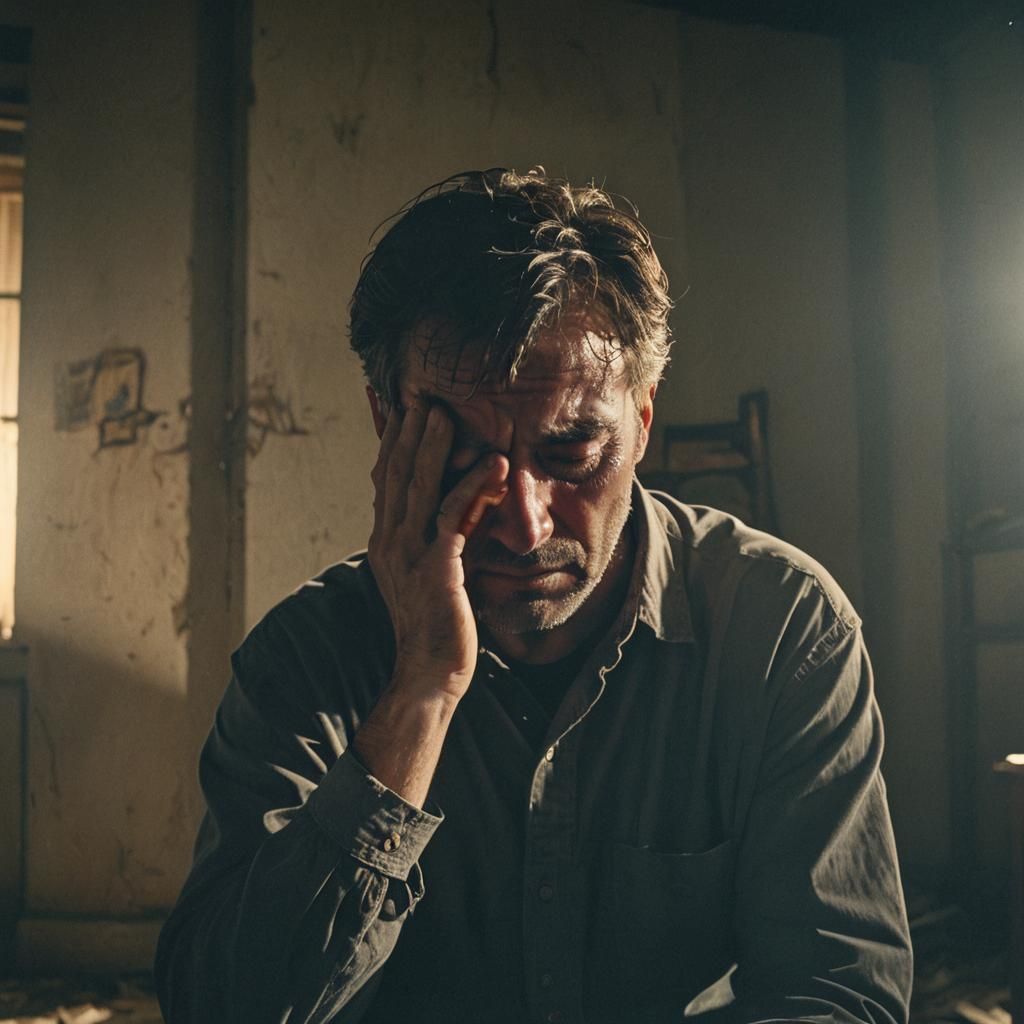 Father's Despair in a Dimly Lit Abandoned Room