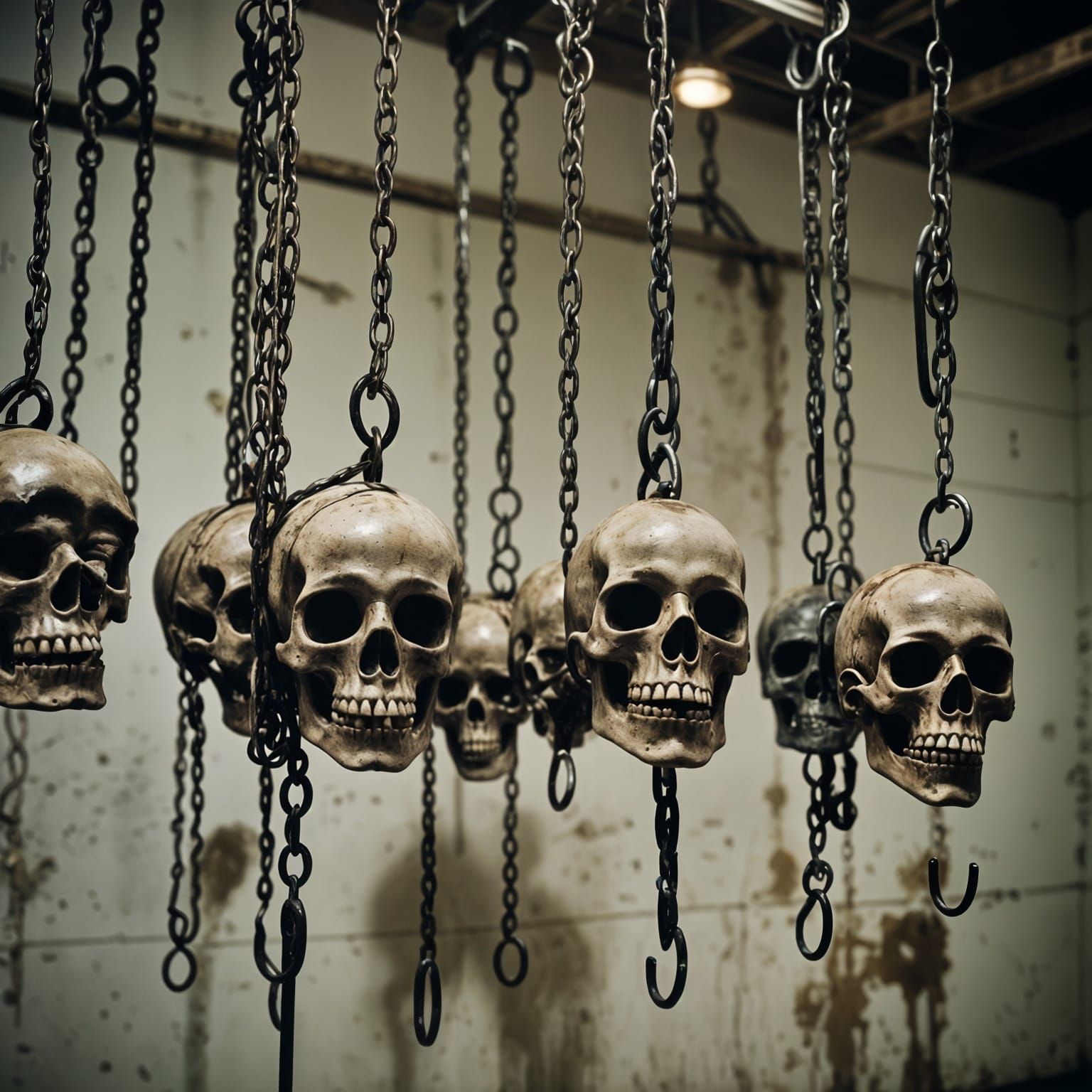 Human Skeletons Suspended in a Chilling Cold Chamber in Clos...