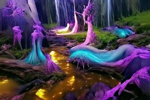 Surreal Fantasy Realm with Glowing Waterfalls and Trees