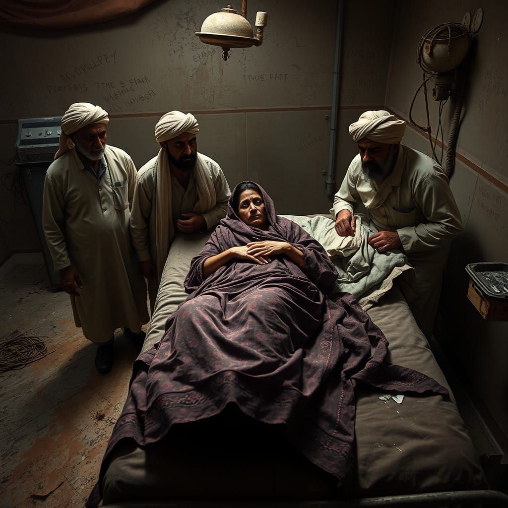 Distressed Woman in Labor in a Dusty, Dimly Lit Afghan Hospi...