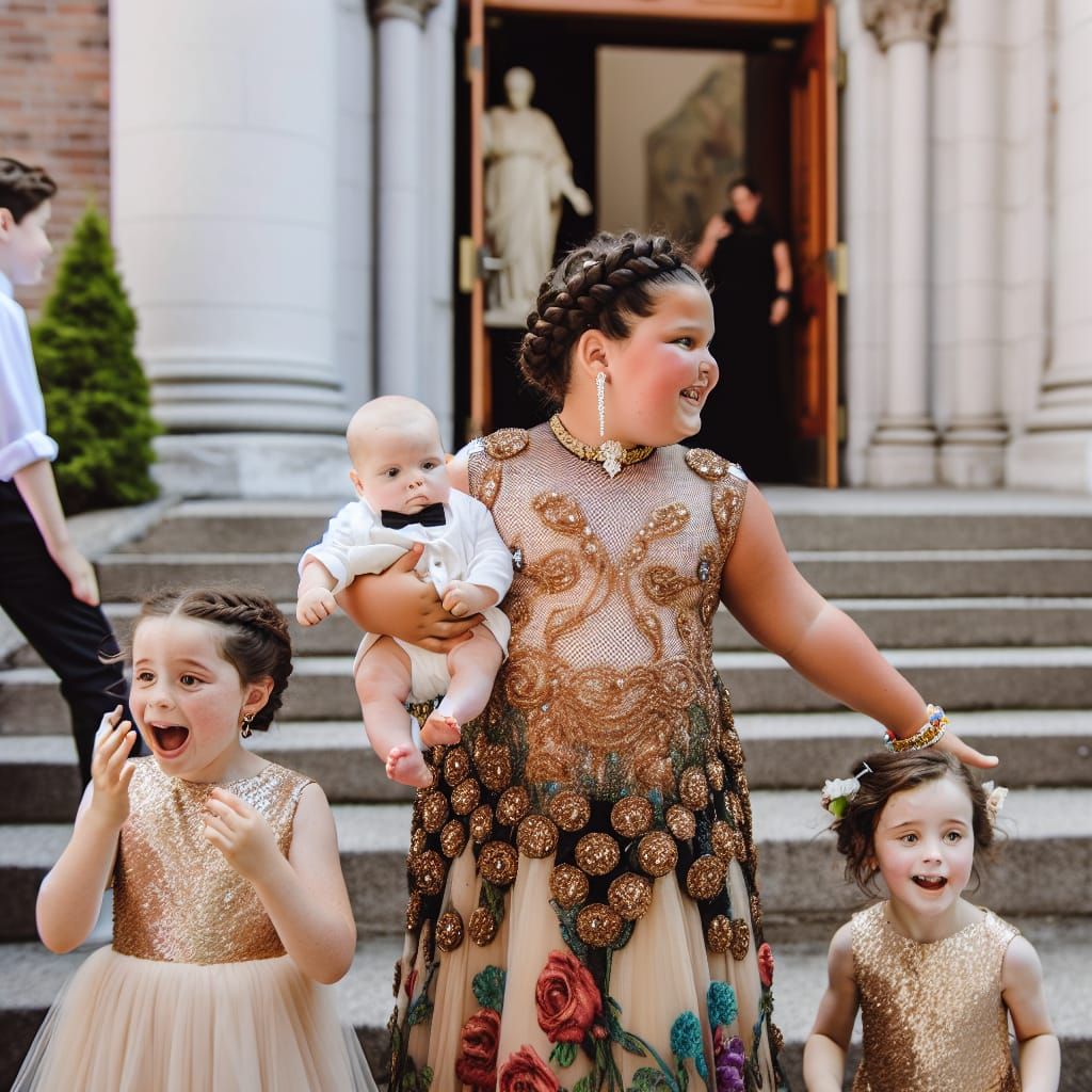 Chubby Girl in Lavish Italian Dress Descends Church Stairs w...