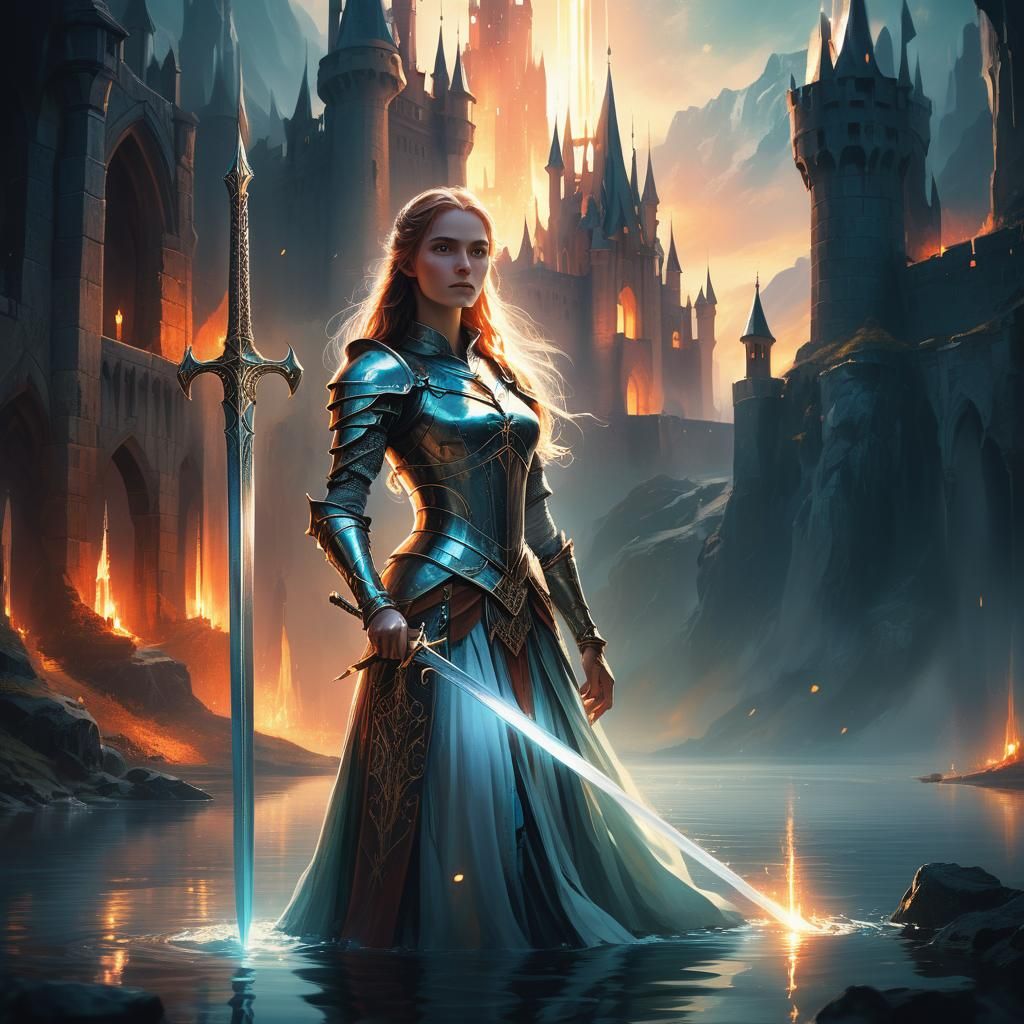 Mystical Lady of the Lake Wields Excalibur in a Dreamlike Ca...