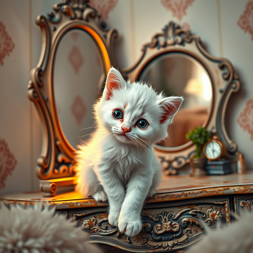 Whimsical Kitten Contemplates its Reflection in a Vintage Va...