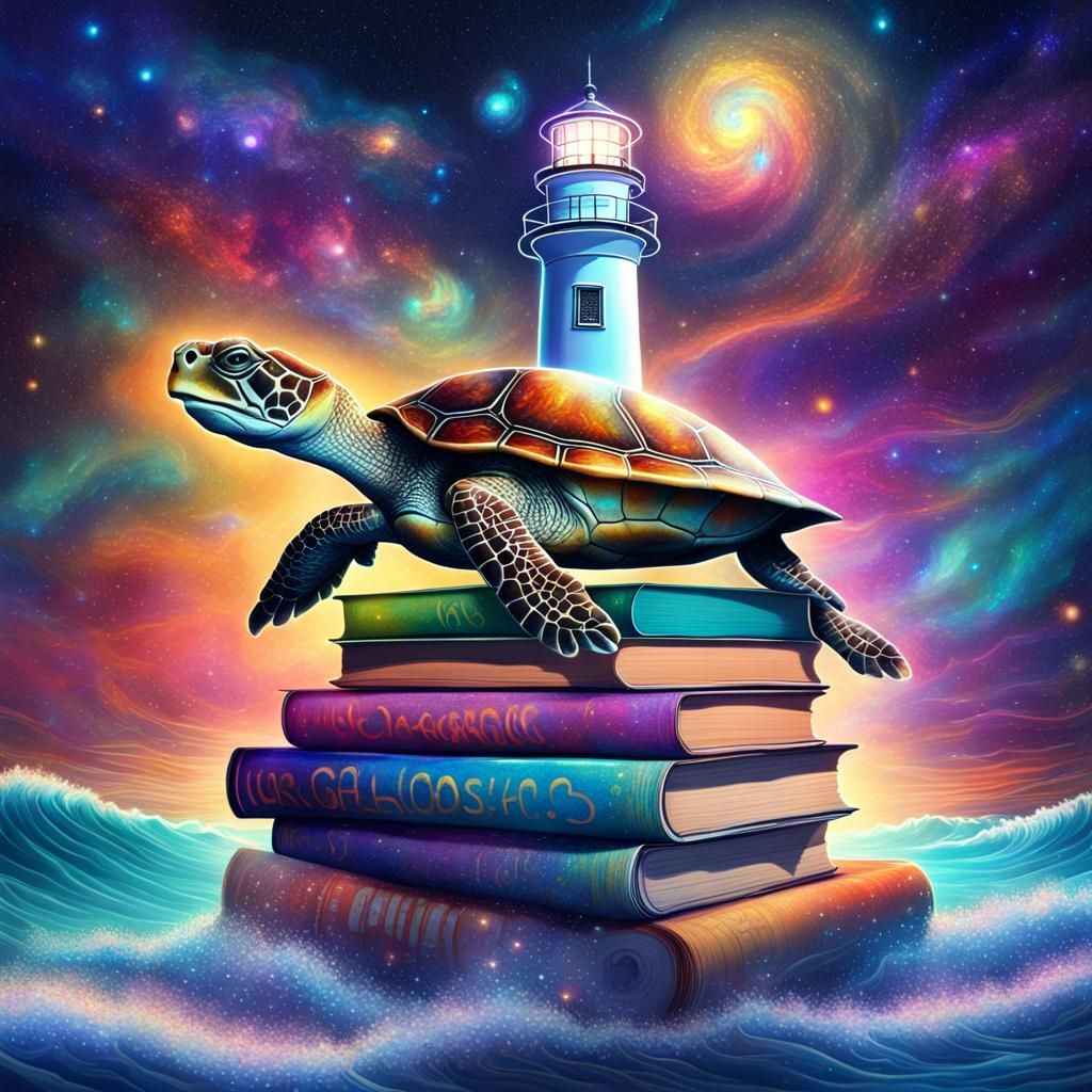 Luminous Turtle Surfs Bookstack Amidst Cosmic Waves