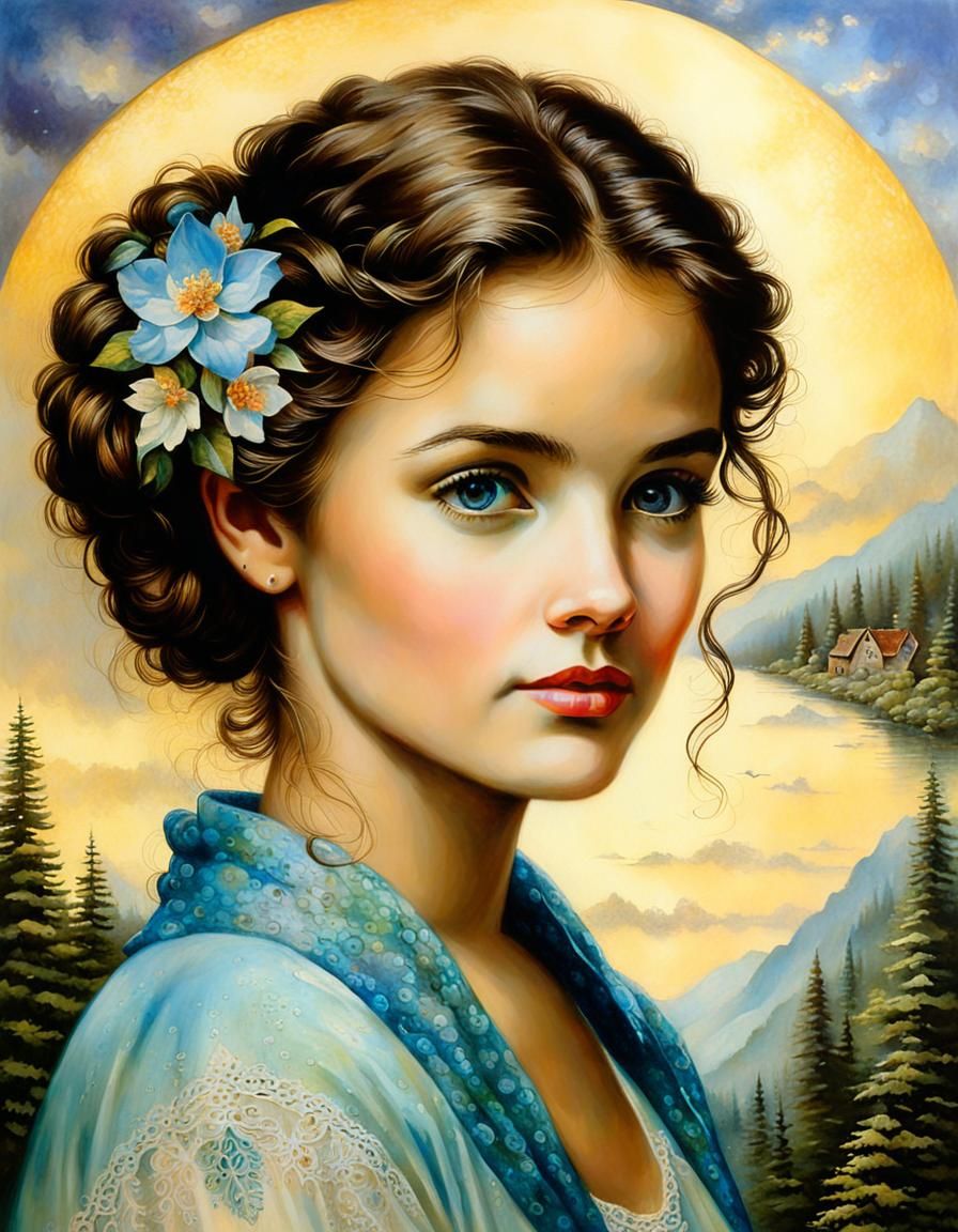 Mysterious Female Portrait in Moody Decoupage Style