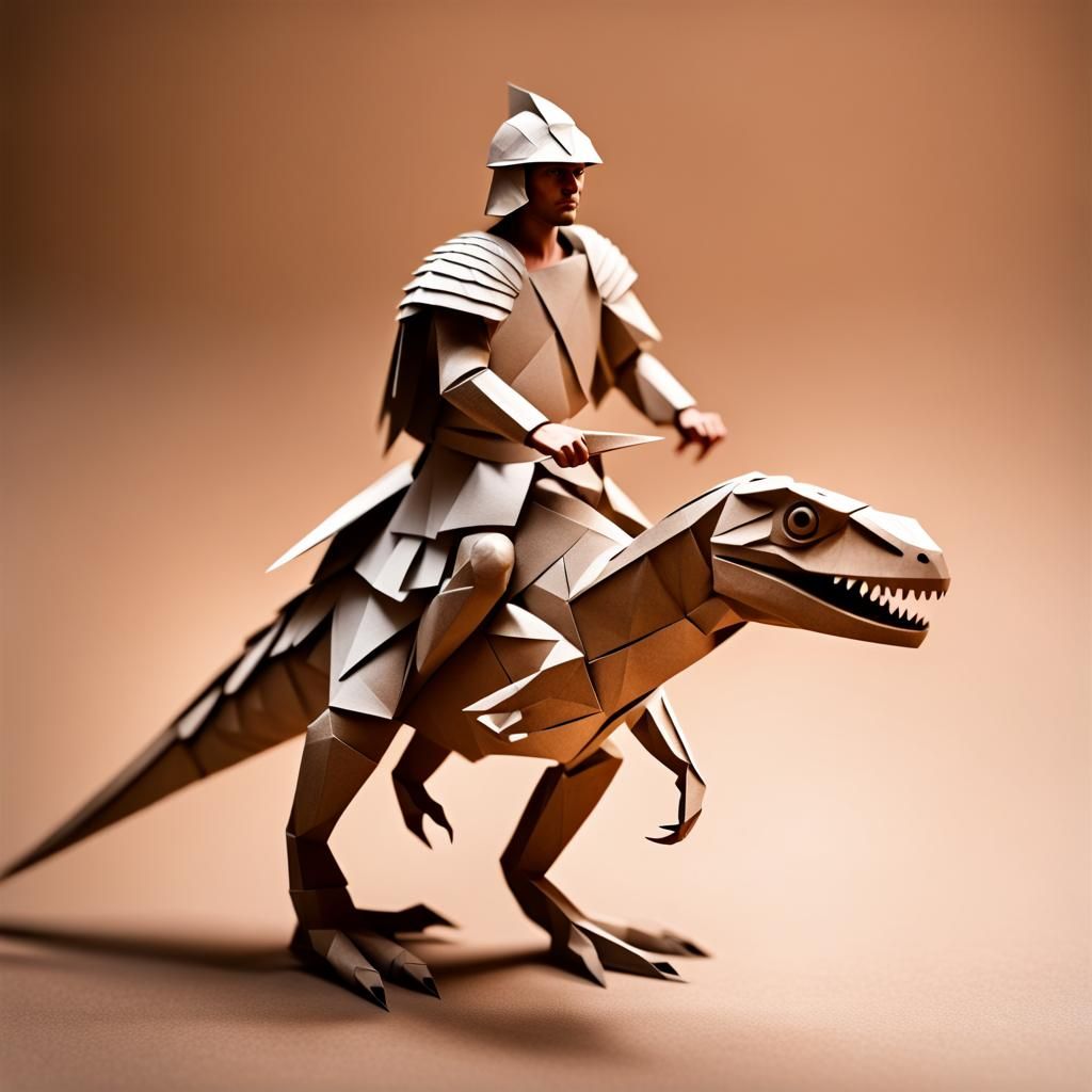 Ancient Roman Warrior on a Paper Velociraptor