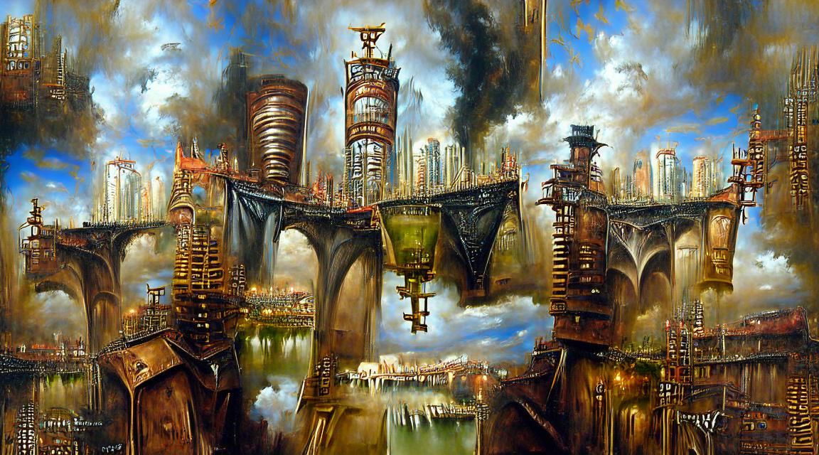 Steampunk Metropolis in a Victorian-Era Oil Painting Style