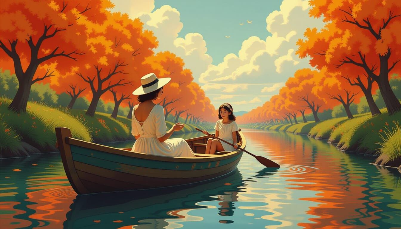 Woman in Boat Drifting Down River in Dreamscape