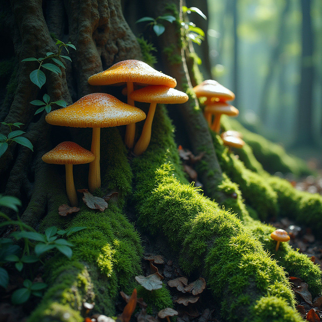 Ancient Tree Roots in Vibrant Moss and Mysterious Shadow