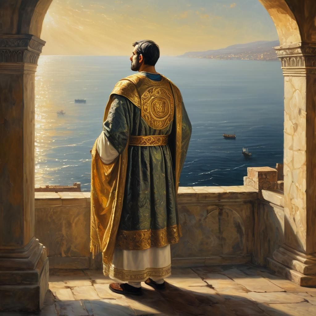 Byzantine Emperor Giustiniano Surveying the Sea from Theodos...
