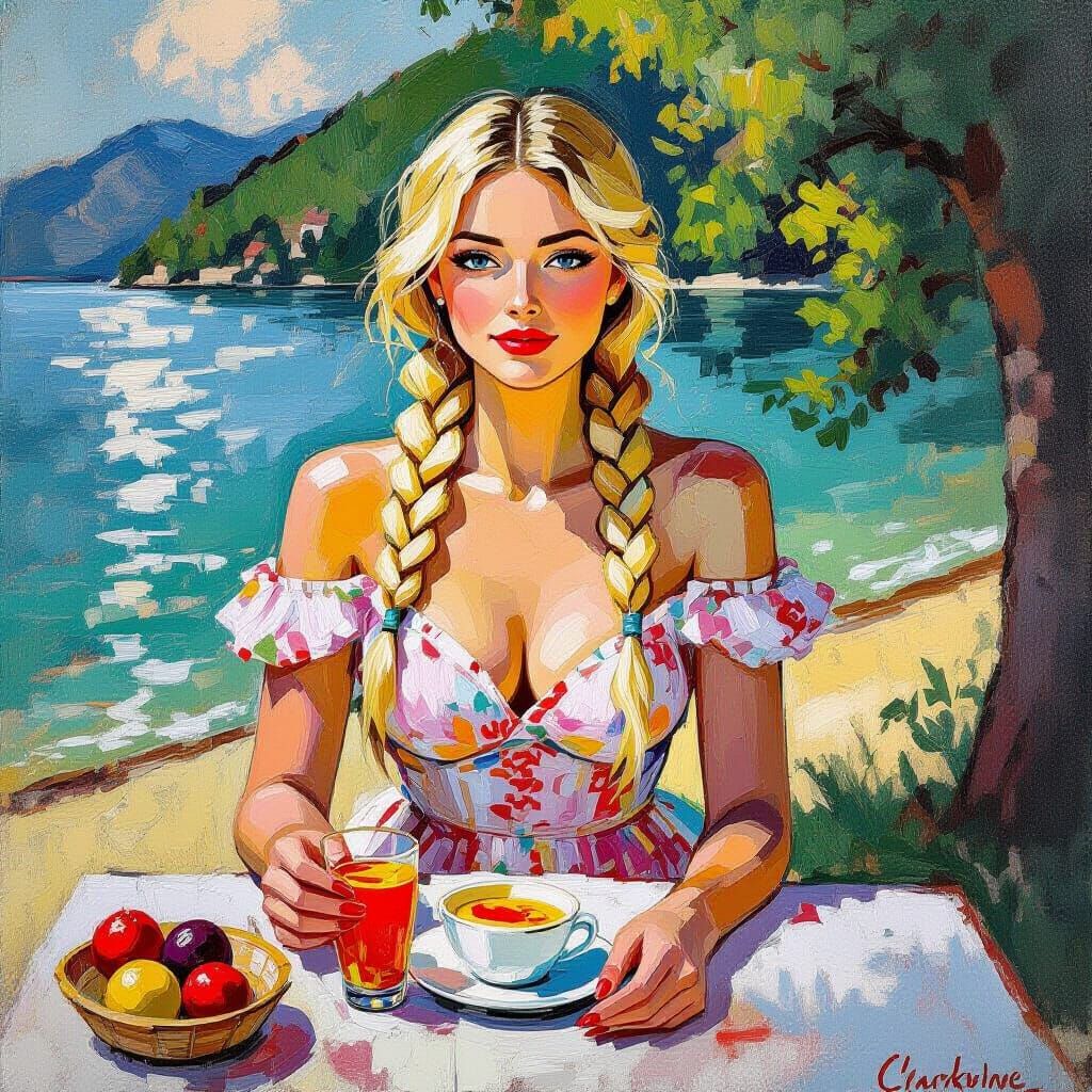 Swiss Woman's Lakeside Brunch: An Impasto Painting