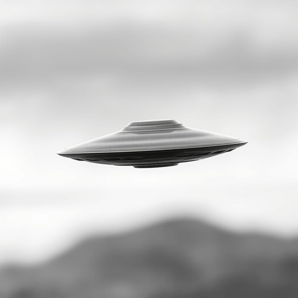 Sleek Metallic UFO in High-Contrast Black and White
