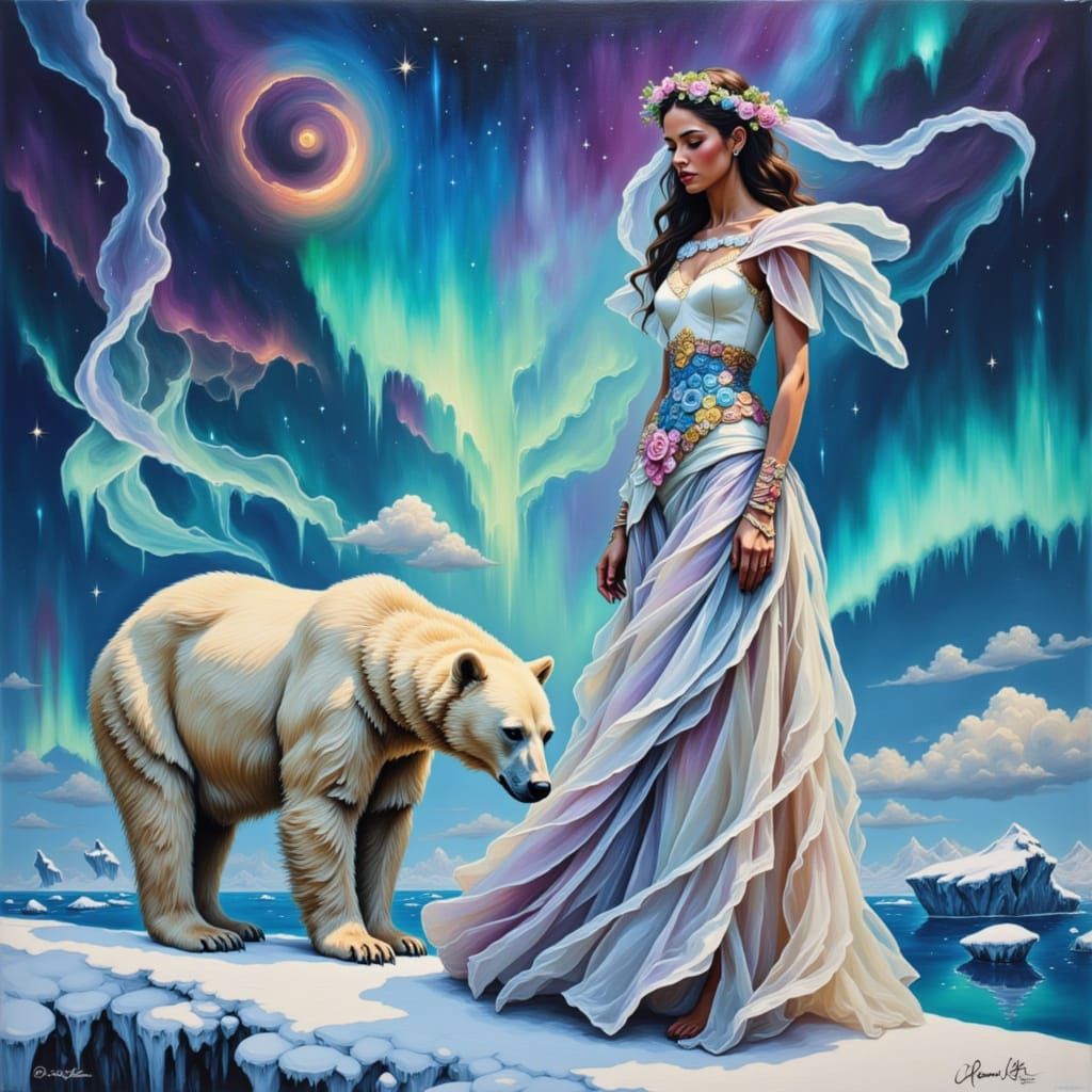 <lora:My pets:1.0><lora:My outfits:1.0> a model with a Arora borealis inspired runway dress next to a polar bear