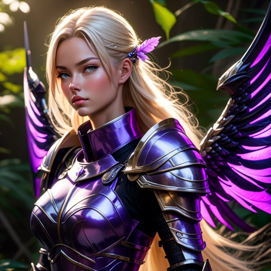 Ethereal Knightess in Neon Armor Unveils Angelic Beauty