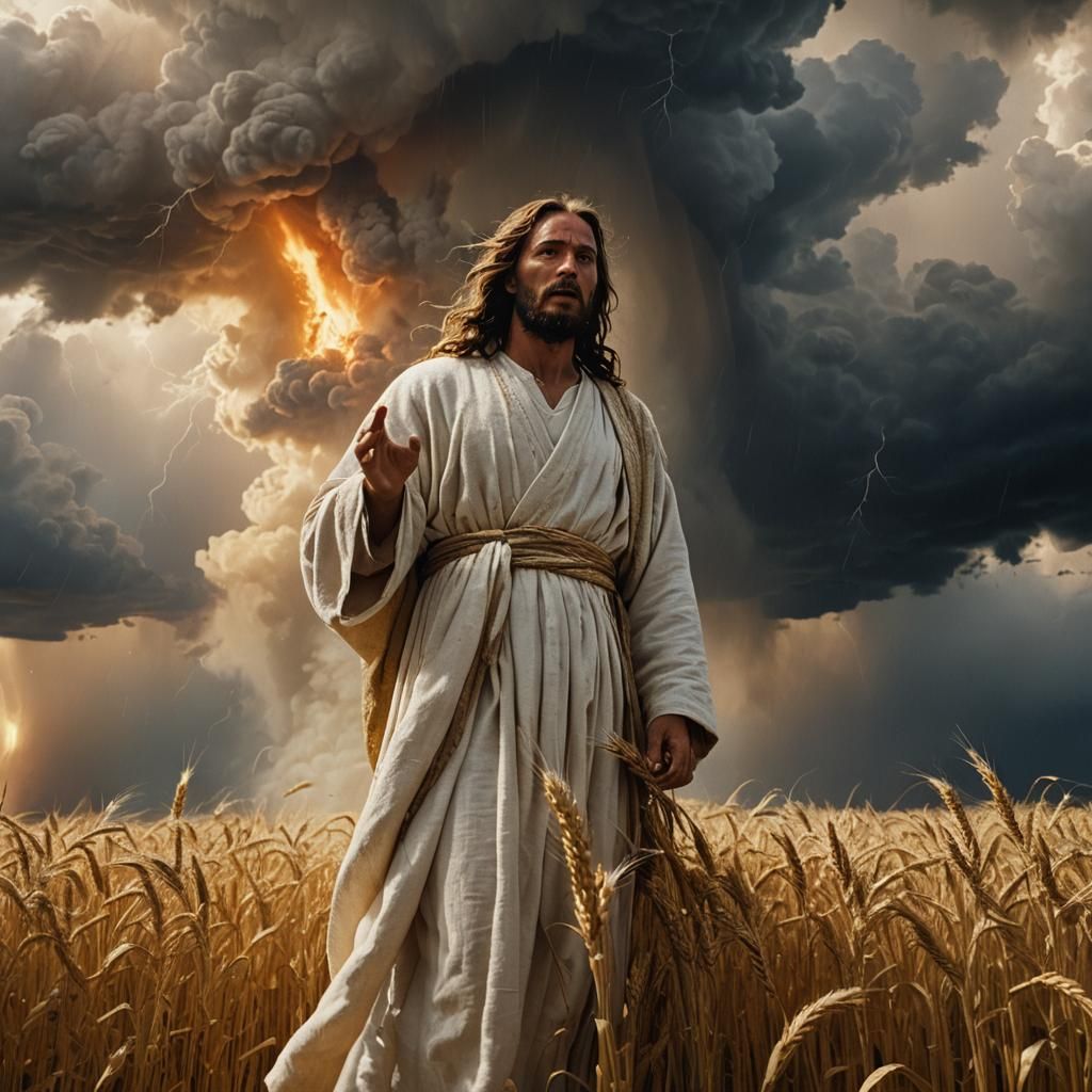 Jesus Amidst Turbulent Storm Clouds, with Golden Wheat and B...