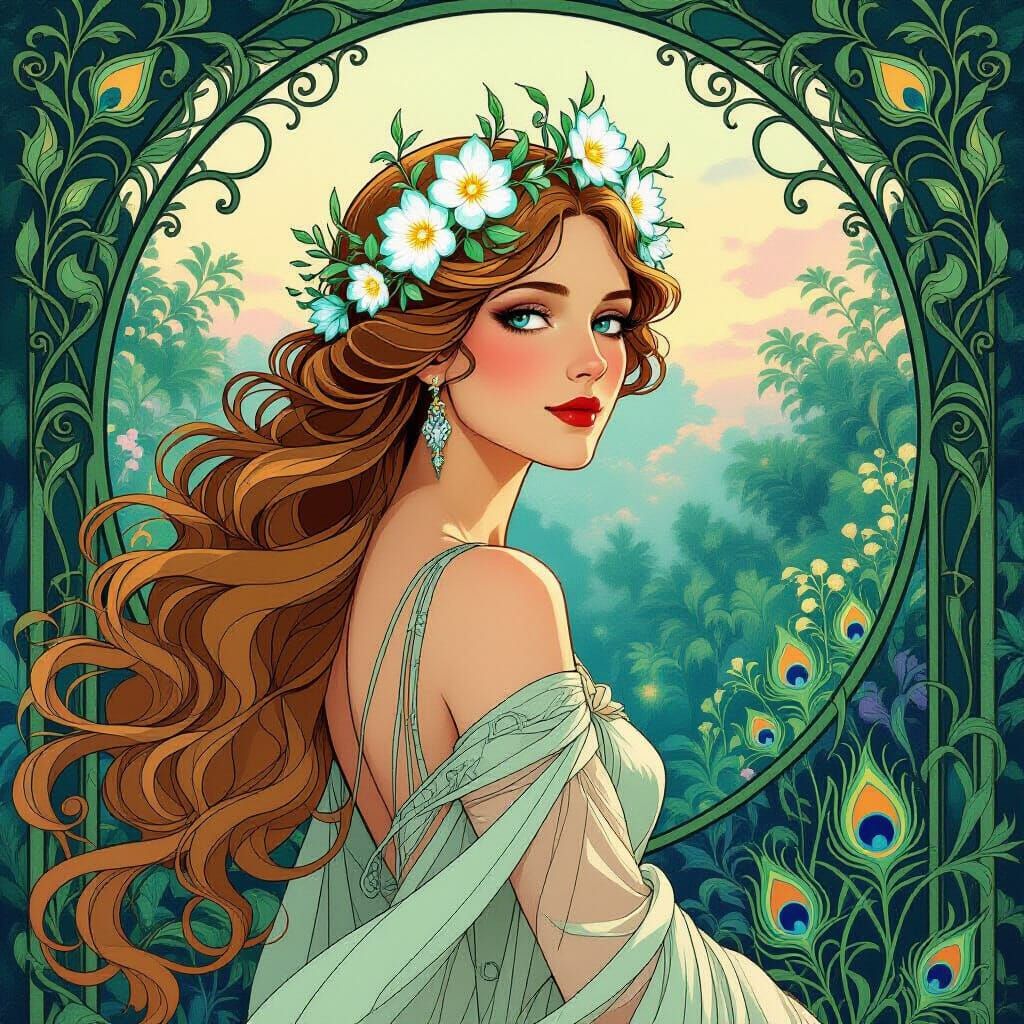 Art Nouveau Regal Woman with Bioluminescent Flowers